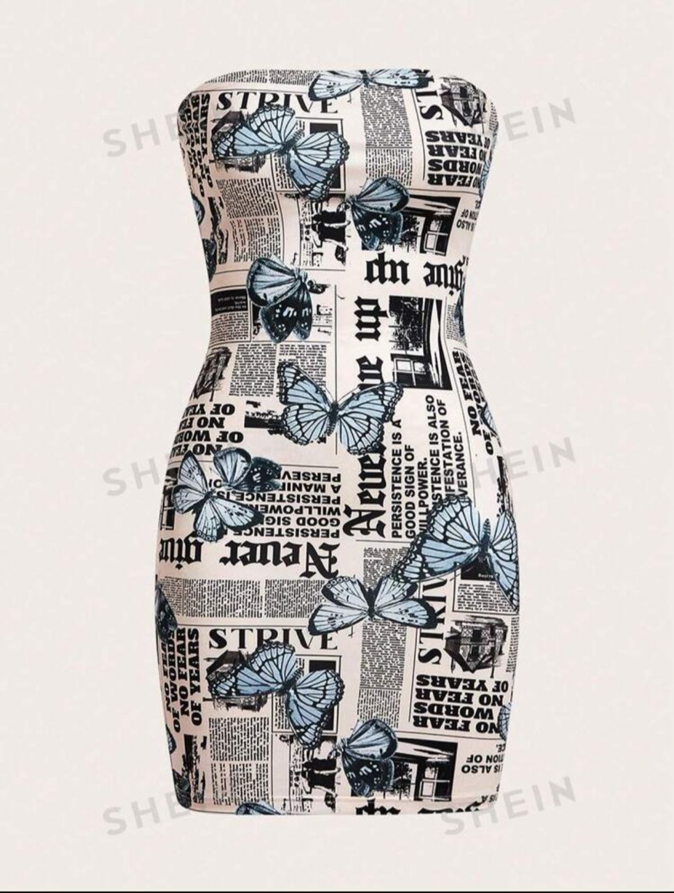 EZwear Newspaper Butterfly Print Bodycon Strapless Dress