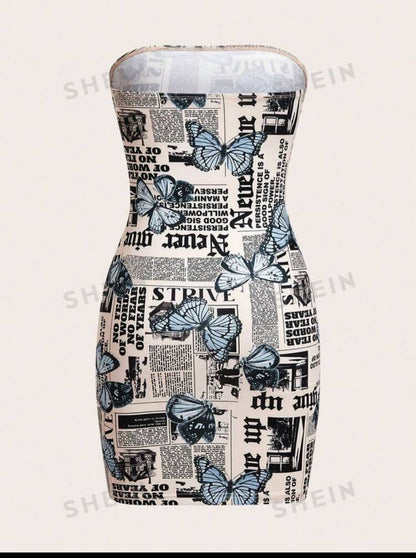 EZwear Newspaper Butterfly Print Bodycon Strapless Dress