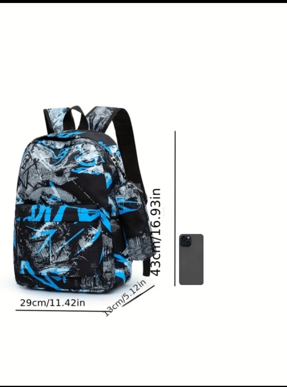 3Pcs Geometric Pattern Backpack Set, Trendy Nylon School Bag With Crossbody Bag & Pencil Case Back To School For Books