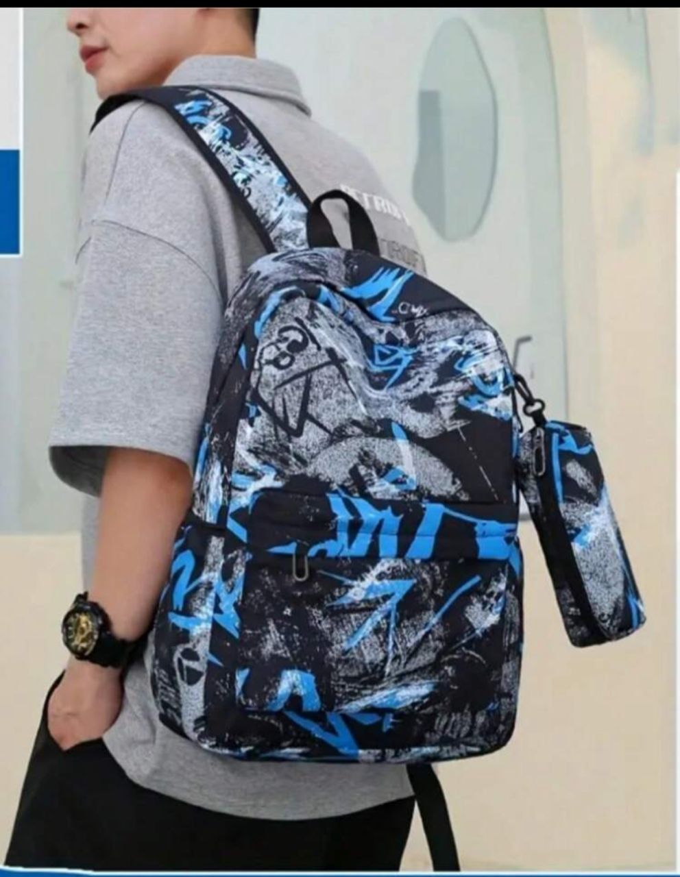 3Pcs Geometric Pattern Backpack Set, Trendy Nylon School Bag With Crossbody Bag & Pencil Case Back To School For Books