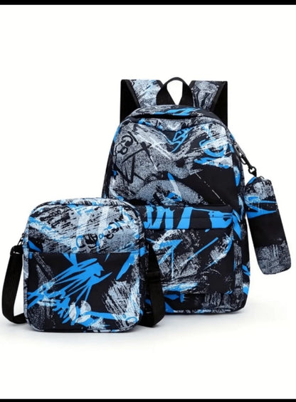 3Pcs Geometric Pattern Backpack Set, Trendy Nylon School Bag With Crossbody Bag & Pencil Case Back To School For Books