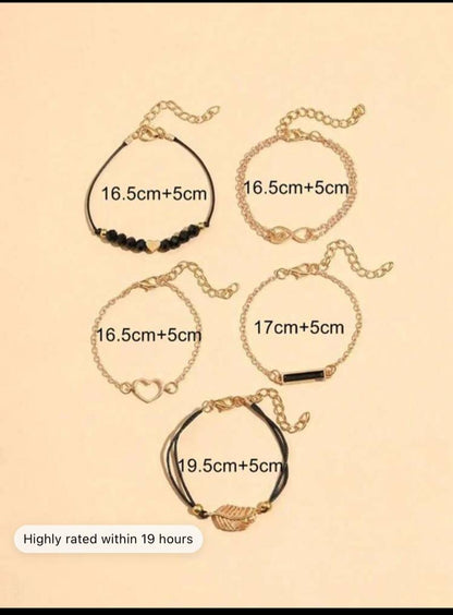 5pcs/Set Heart Black Geometric Beads Braid Gold Chain Bracelet With Alloy Eight-Shaped Buckle, Leafs For Women