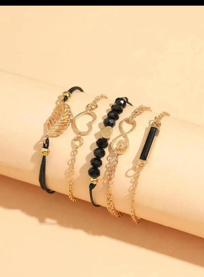 5pcs/Set Heart Black Geometric Beads Braid Gold Chain Bracelet With Alloy Eight-Shaped Buckle, Leafs For Women