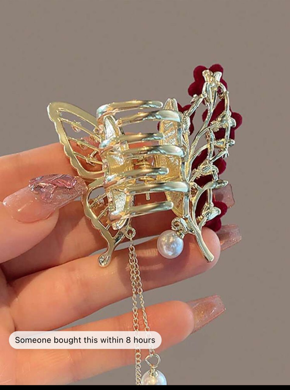 1pc Alloy Rhinestone Inlaid Long Tassel Butterfly Hair Claw Clip, Flower Hair Clip, Lady Sweet Slouchy Hair Claw Clip For Christmas, Festival Gift Elegant