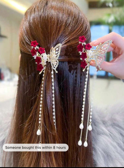 1pc Alloy Rhinestone Inlaid Long Tassel Butterfly Hair Claw Clip, Flower Hair Clip, Lady Sweet Slouchy Hair Claw Clip For Christmas, Festival Gift Elegant