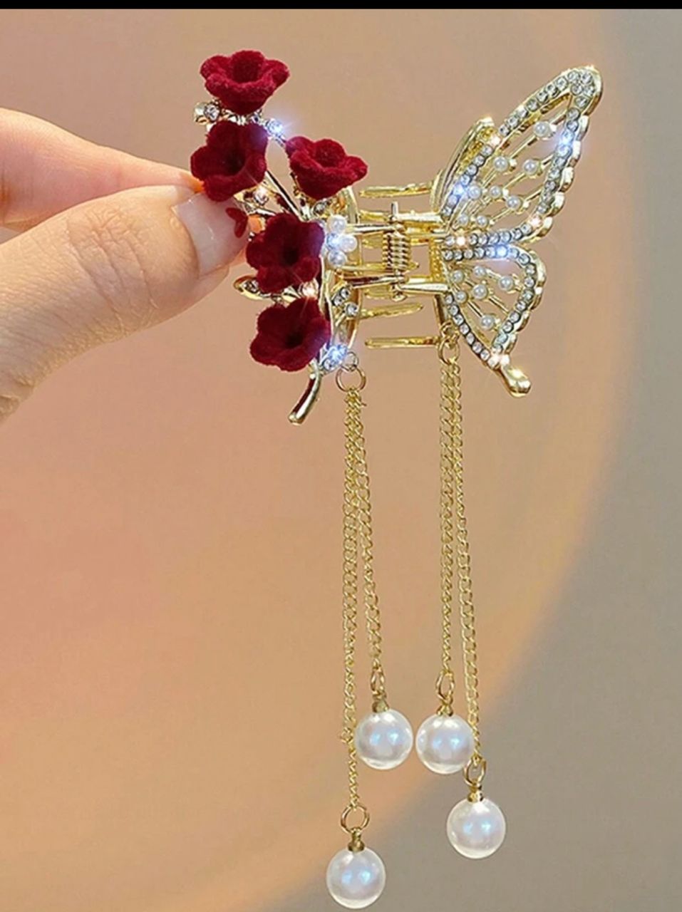 1pc Alloy Rhinestone Inlaid Long Tassel Butterfly Hair Claw Clip, Flower Hair Clip, Lady Sweet Slouchy Hair Claw Clip For Christmas, Festival Gift Elegant