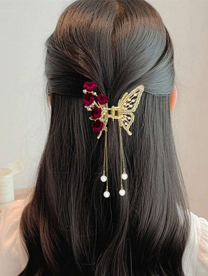 1pc Alloy Rhinestone Inlaid Long Tassel Butterfly Hair Claw Clip, Flower Hair Clip, Lady Sweet Slouchy Hair Claw Clip For Christmas, Festival Gift Elegant