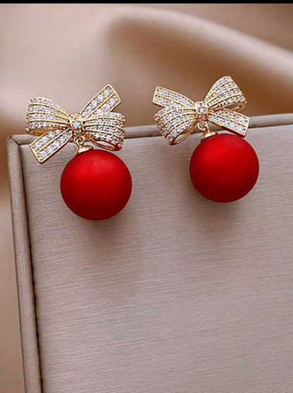 1pair Fashionable Alloy Bow & Red Bead Dangle Earrings For Women, Perfect For Christmas Part