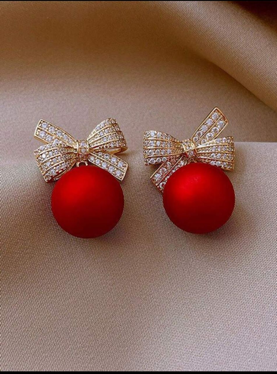 1pair Fashionable Alloy Bow & Red Bead Dangle Earrings For Women, Perfect For Christmas Part