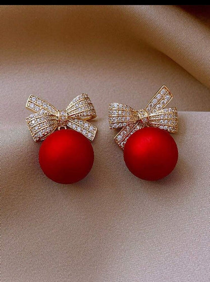 1pair Fashionable Alloy Bow & Red Bead Dangle Earrings For Women, Perfect For Christmas Part