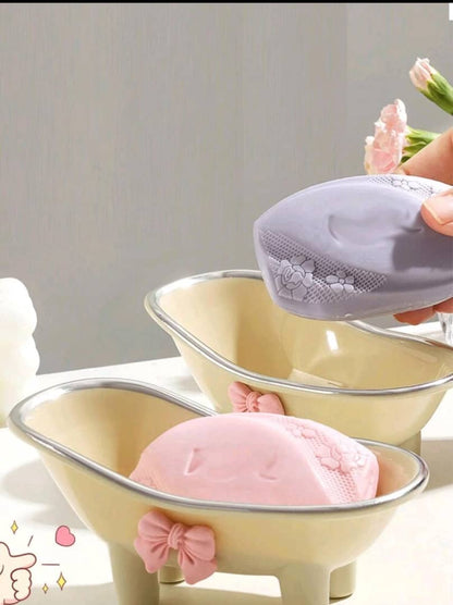 1pc Bathtub Shaped Soap Holder With Adorable Bowknot Decor, Drainable Soap Dish For Bathroom