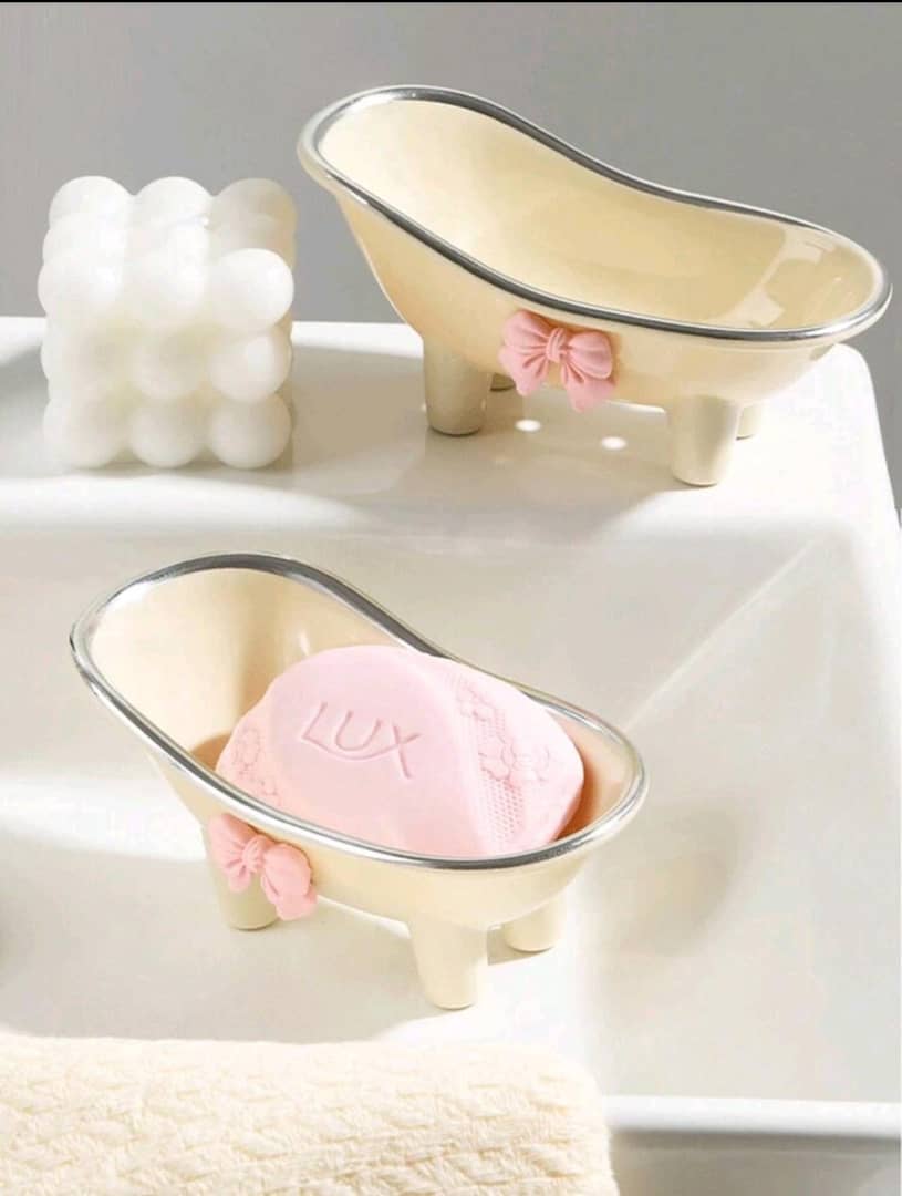 1pc Bathtub Shaped Soap Holder With Adorable Bowknot Decor, Drainable Soap Dish For Bathroom