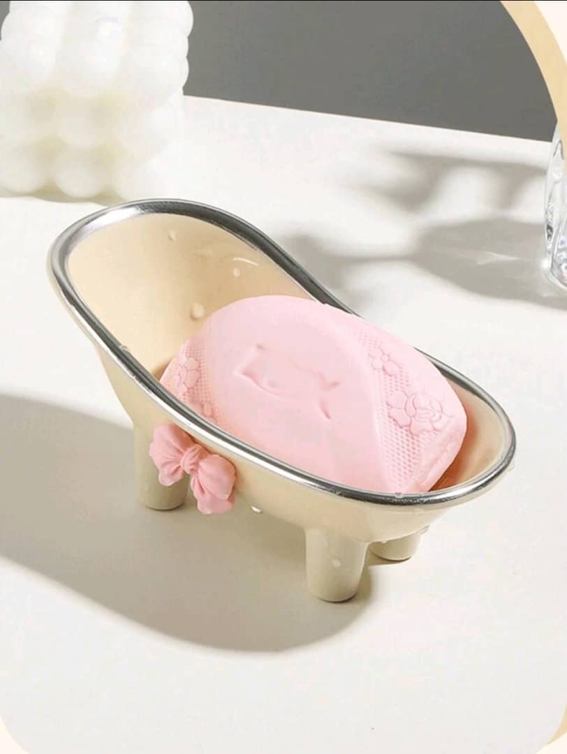 1pc Bathtub Shaped Soap Holder With Adorable Bowknot Decor, Drainable Soap Dish For Bathroom