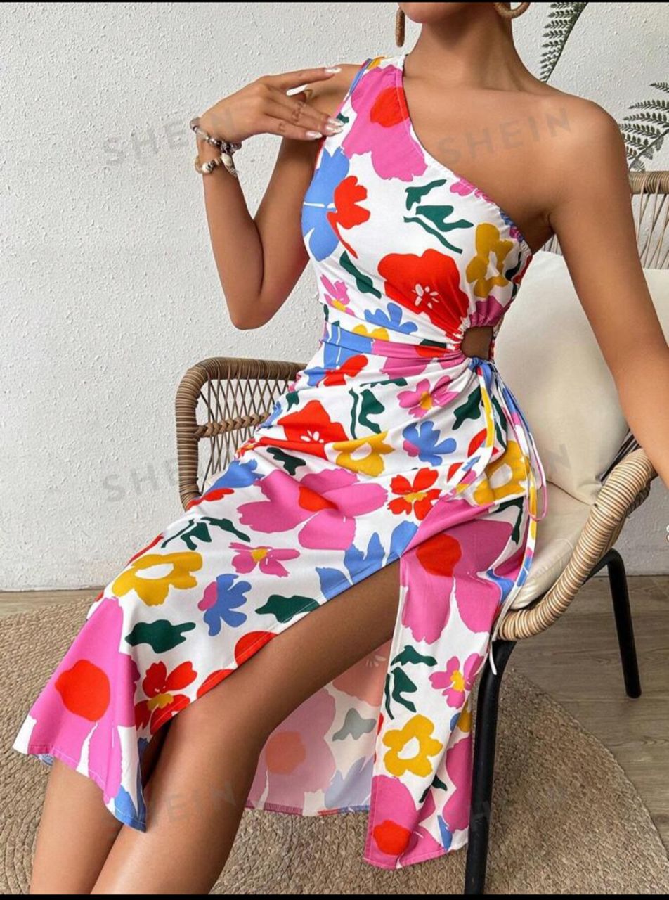 Summer Women Floral One-Shoulder Waist Cutout Drawstring High Split Vacation Dress