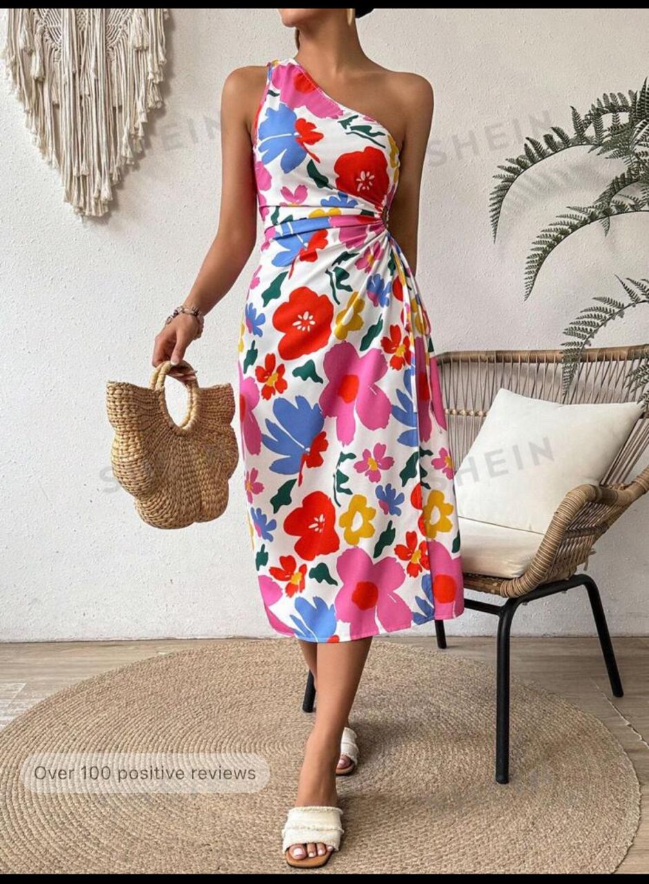 Summer Women Floral One-Shoulder Waist Cutout Drawstring High Split Vacation Dress