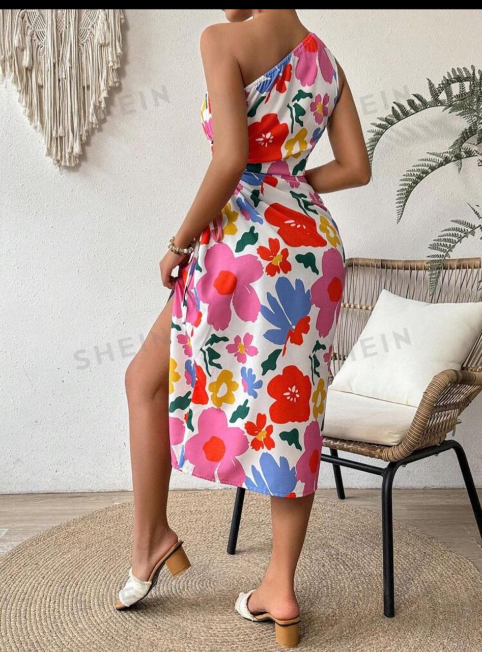 Summer Women Floral One-Shoulder Waist Cutout Drawstring High Split Vacation Dress