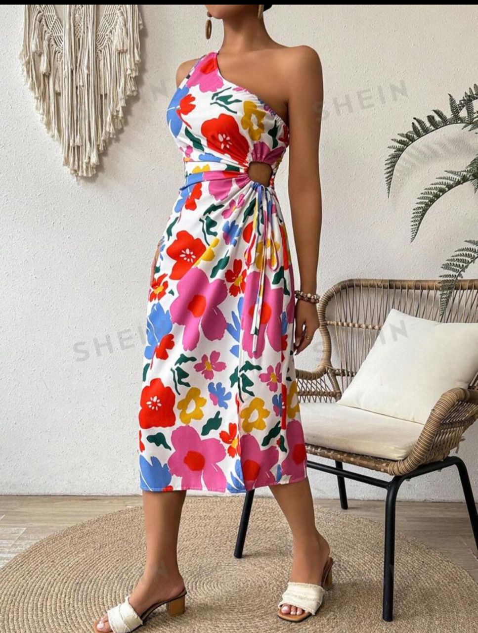 Summer Women Floral One-Shoulder Waist Cutout Drawstring High Split Vacation Dress