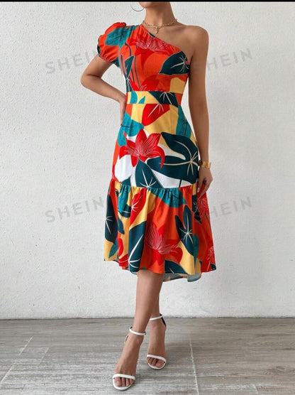 Women Summer Holiday Floral Print One Shoulder Short Puff Sleeve Bubble Hem Bodycon Dress With Ruffled Hem