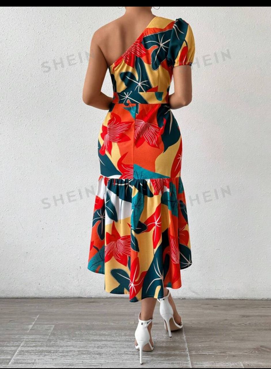 Women Summer Holiday Floral Print One Shoulder Short Puff Sleeve Bubble Hem Bodycon Dress With Ruffled Hem