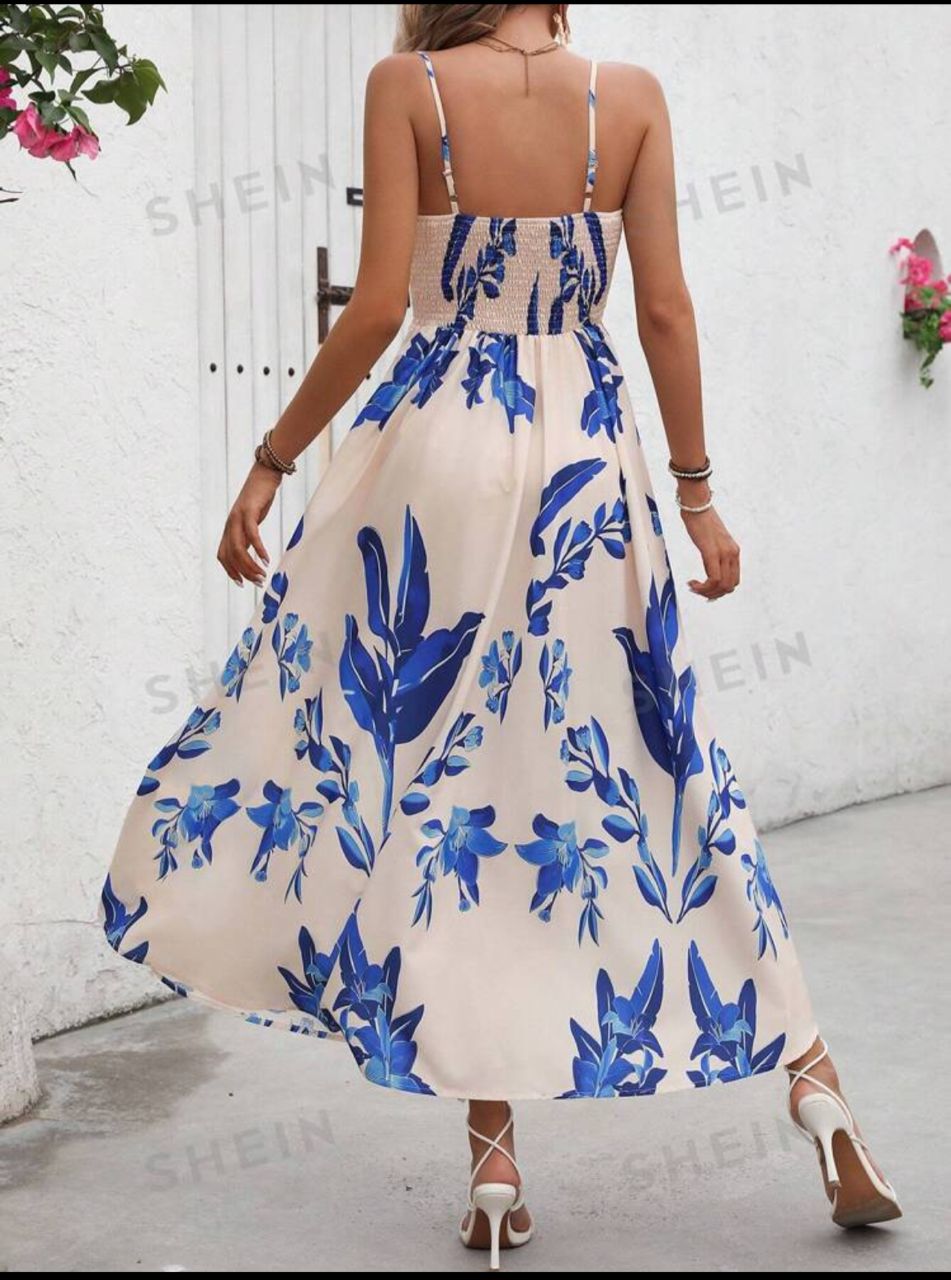 Holiday Casual Plant Printed Spaghetti Strap Long Dress With Drawstring