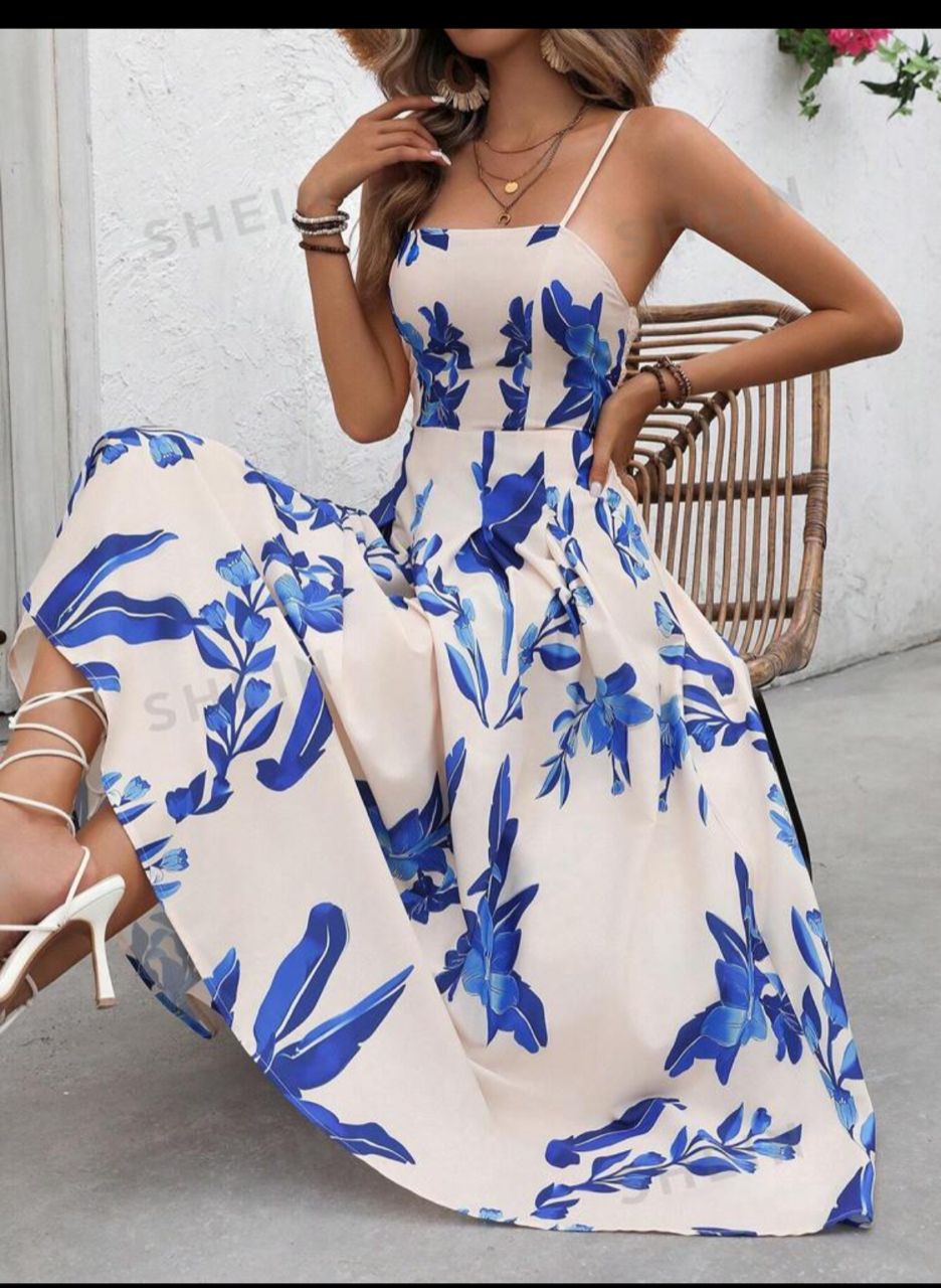 Holiday Casual Plant Printed Spaghetti Strap Long Dress With Drawstring