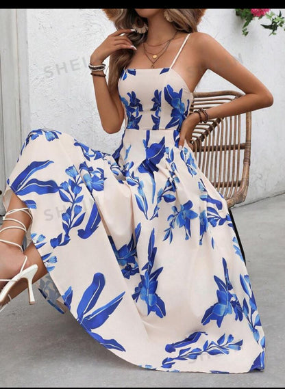 Holiday Casual Plant Printed Spaghetti Strap Long Dress With Drawstring