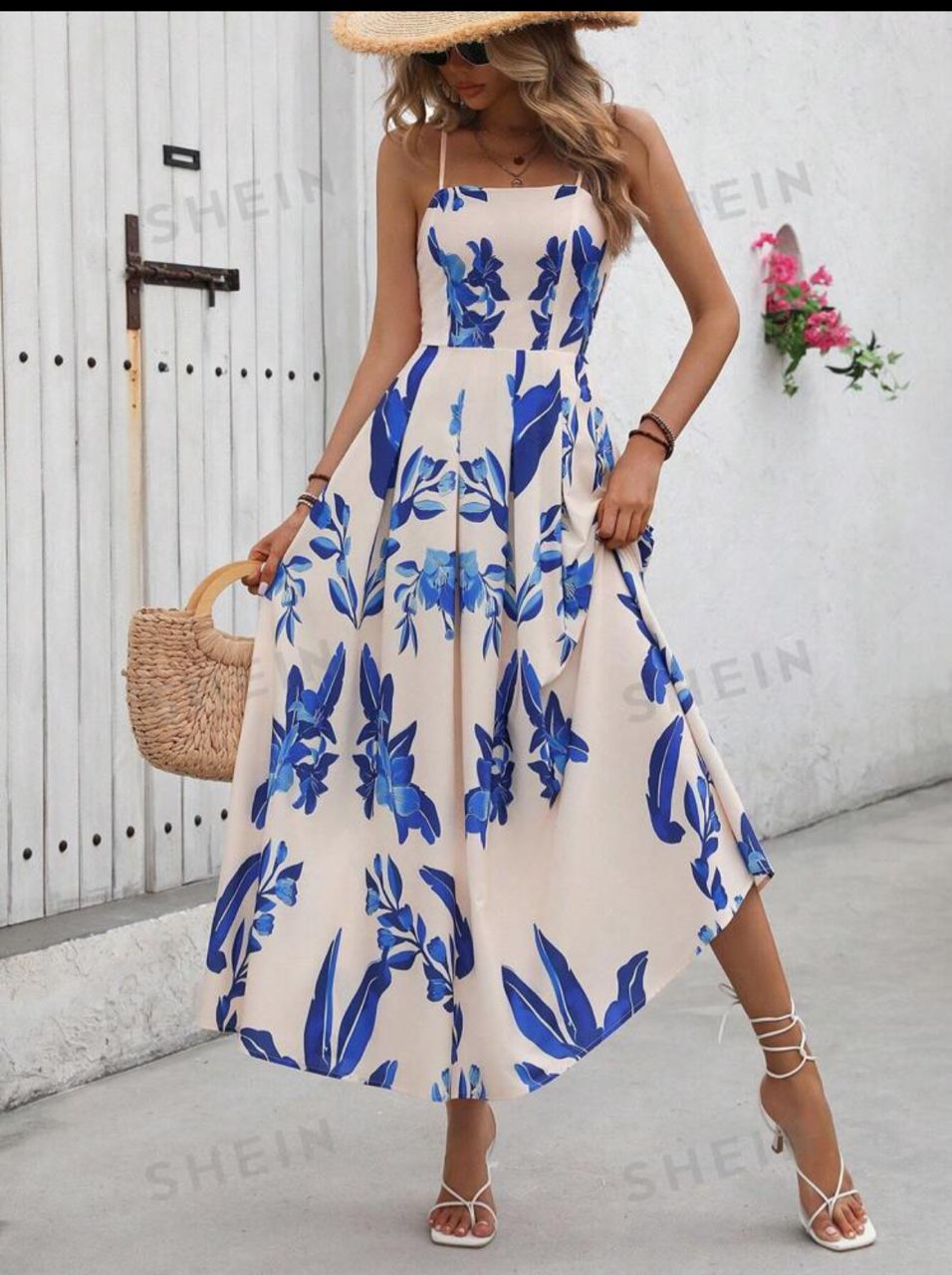 Holiday Casual Plant Printed Spaghetti Strap Long Dress With Drawstring