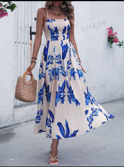 Holiday Casual Plant Printed Spaghetti Strap Long Dress With Drawstring