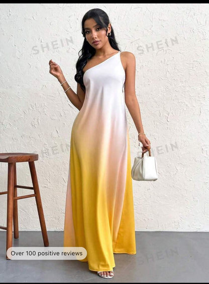 Privé Gradient Ladies" Backless Single Shoulder Knot Design Super Long Dress