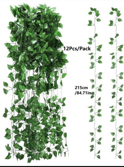 12Pcs/Set Or 1Pc/Pack Green Artificial Plant Garland Plastic Artificial Ivy Leaf Garland Wall Hanging Vine Home Garden Decoration Wedding Party DIY Fake Wreath Leaf