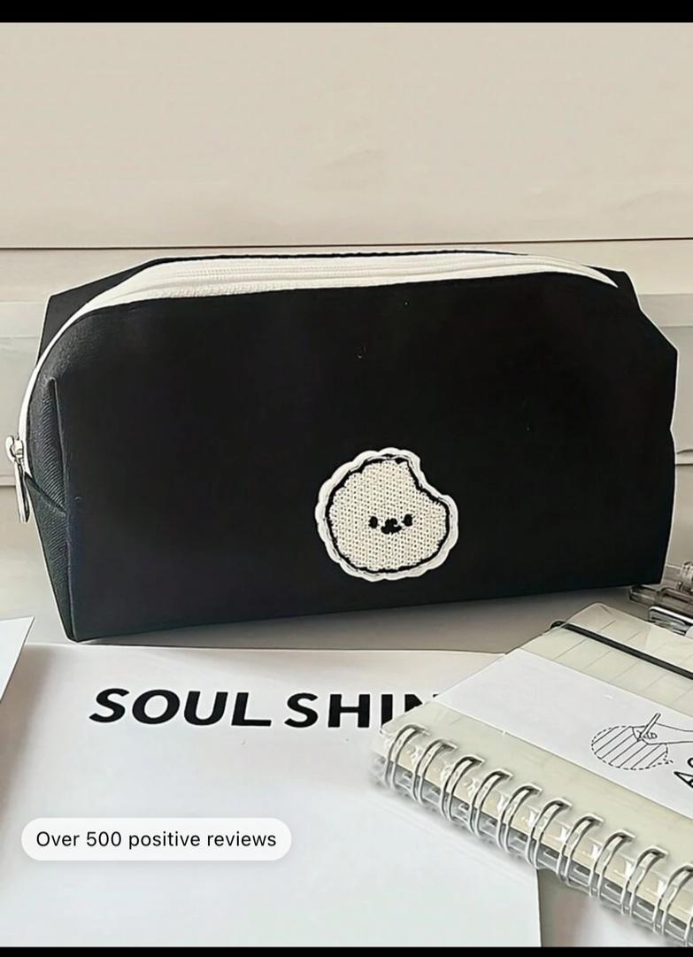 1pc Simple Style Pencil Case Canvas Black Color Smooth Zipper Stationery Pen Storage Bag