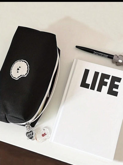 1pc Simple Style Pencil Case Canvas Black Color Smooth Zipper Stationery Pen Storage Bag