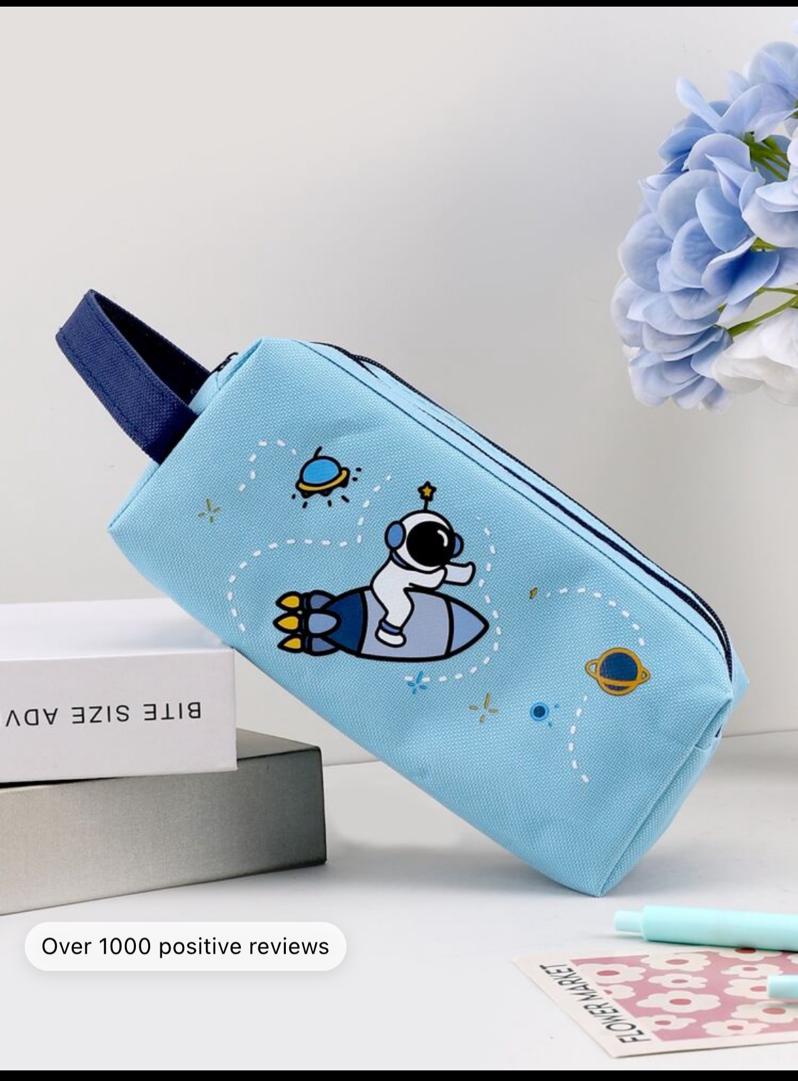 1pc Large Capacity Astronaut Themed Pencil Case With Dual Zippers