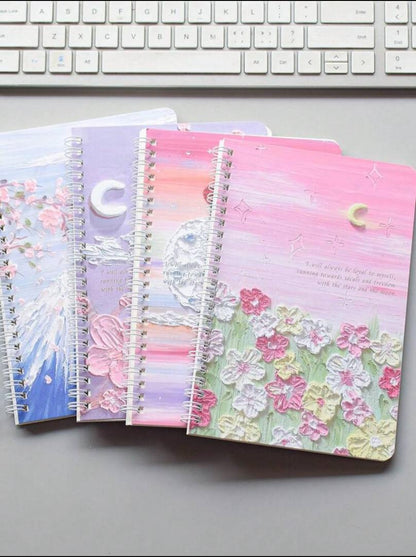 4pcs A5 Spiral Notebook Set, Each Booklet With 60 Sheets, Cute Non-Oil Painting Memo Book, Student Stationery, 4pcs/Set