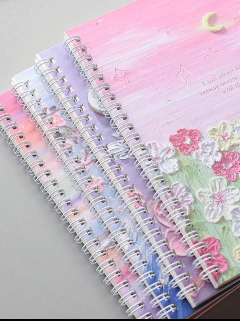 4pcs A5 Spiral Notebook Set, Each Booklet With 60 Sheets, Cute Non-Oil Painting Memo Book, Student Stationery, 4pcs/Set