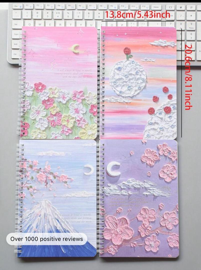 4pcs A5 Spiral Notebook Set, Each Booklet With 60 Sheets, Cute Non-Oil Painting Memo Book, Student Stationery, 4pcs/Set