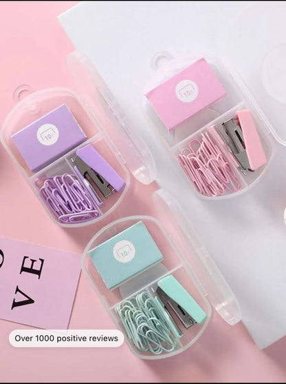 1box Random Color Stapler With 200pcs Staples, 20pcs Paper Clips Portable Stapler Cute Staplers For Desk Swing-line Cartoon Stationery School Supplies Small Office Purple Pink Green 28mm Clip 2-10Sheet Capacity