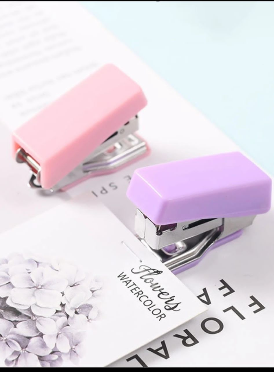 1box Random Color Stapler With 200pcs Staples, 20pcs Paper Clips Portable Stapler Cute Staplers For Desk Swing-line Cartoon Stationery School Supplies Small Office Purple Pink Green 28mm Clip 2-10Sheet Capacity