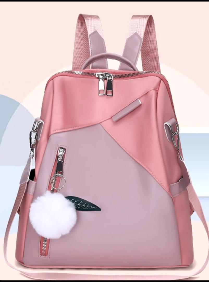 Lightweight And Waterproof High-End Splice Nylon Backpack For Girls With Faux Fur Ball Pendant, Women's Coin Purse, Cute Ladies