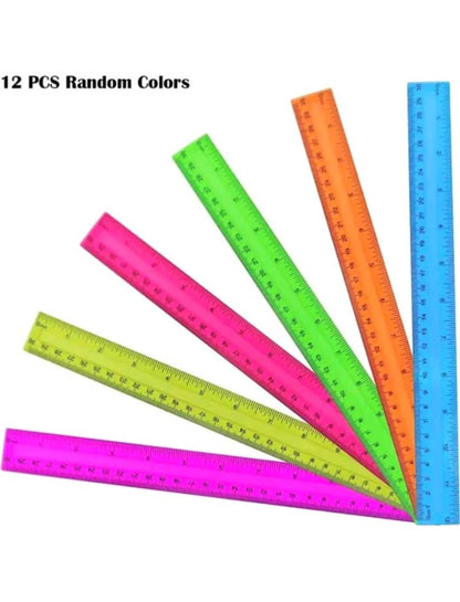 1pc/5pcs/12pcs Random Color 30cm Plastic Ruler With Double-Beveled Edge And Dual Scale, High Definition And Transparent, Suitable For Advertising And Pocket Use