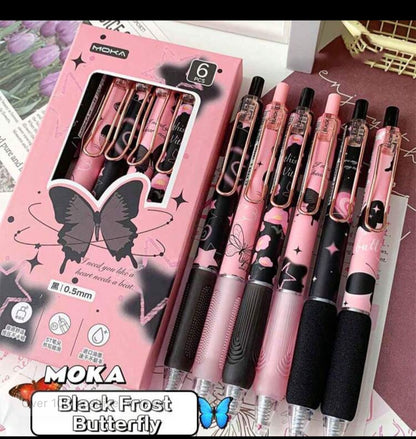 6pcs/Box School, Office Supplies Black Ink 0.5mm Butterfly Pattern, High Value Gel Pen