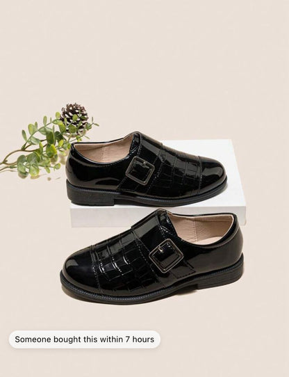 Boys' Youthful And Energetic PU Leather Shoes, Imitation Stone Pattern Mirror Material, Hook And Loop Closure, Fashionable Button Decoration, Suitable For Daily Playtime And School