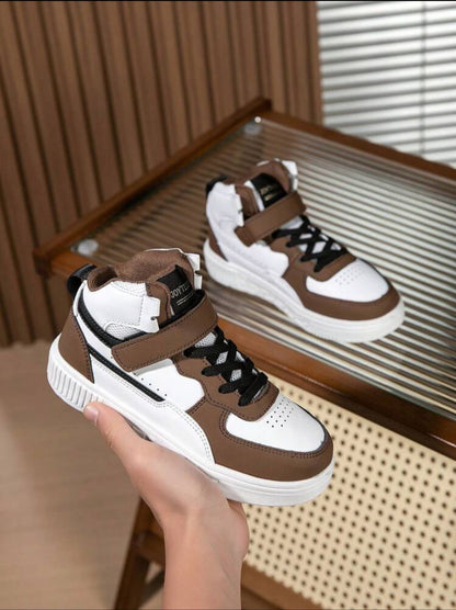 1pair Kids' Sports Shoes High-Top Sneakers With Pu Leather Upper, Suitable For Indoor/Outdoor Leisure & Running Activities, Slip-On & Anti-Slip & Breathable & Comfortable, New Fashion College Style Boys & Girls' Trendy Shoes