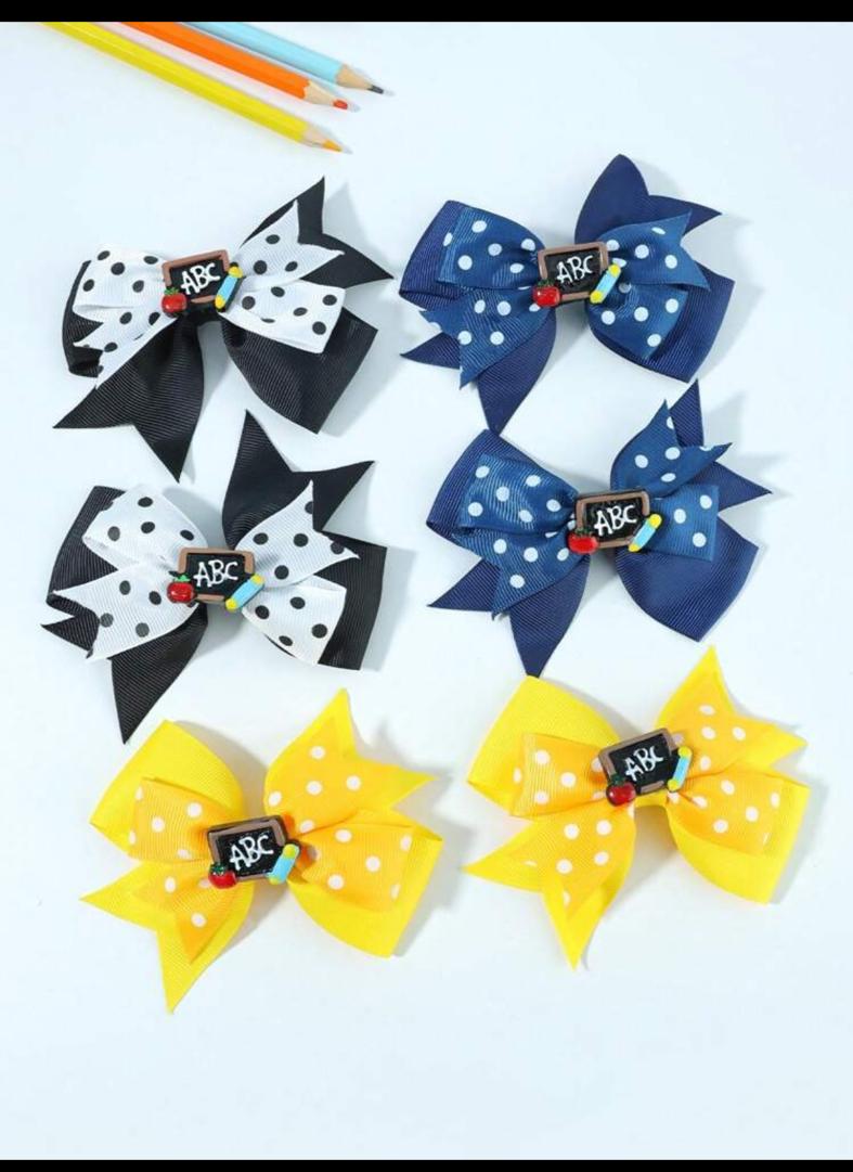 6pcs/Pack Classic Polka Dot Double Layer Bow ABC Hair Clips For Back-To-School Season Children