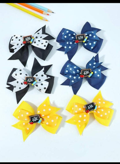 6pcs/Pack Classic Polka Dot Double Layer Bow ABC Hair Clips For Back-To-School Season Children