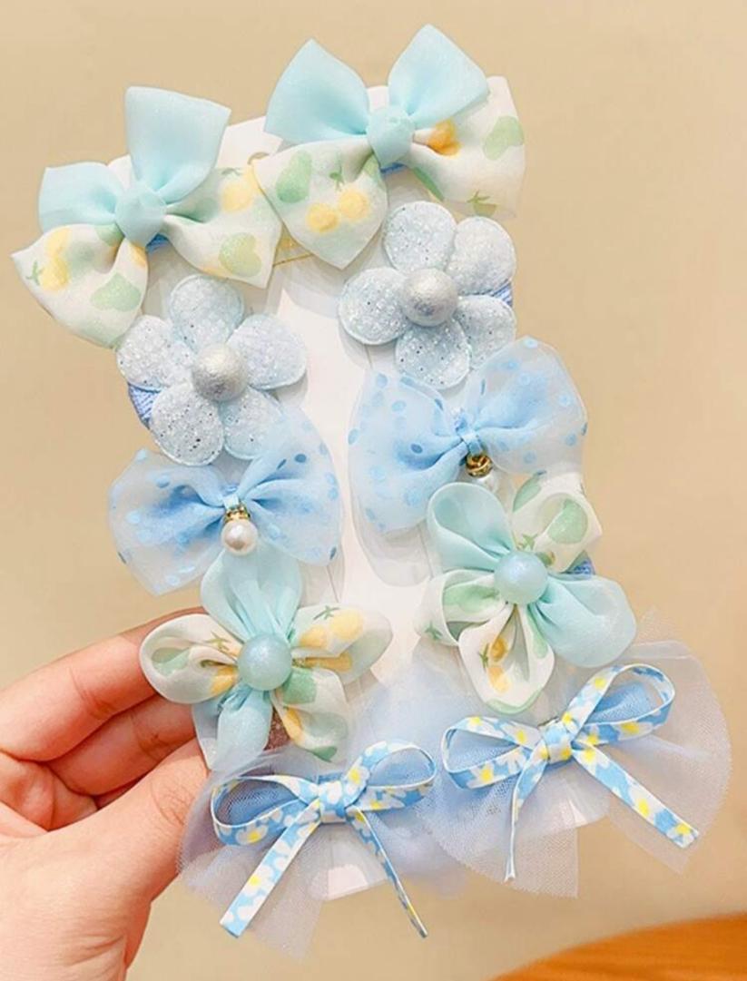 10pcs Girls Bow-knot & Flower Decor Polyester Cute Hair Clip For Daily Life