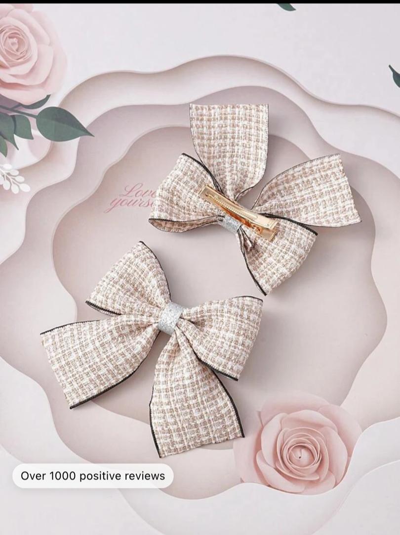 2pcs Toddler Girls Plaid Pattern Bow Decor Fashionable Alligator Hair Clip For Hair Decoration