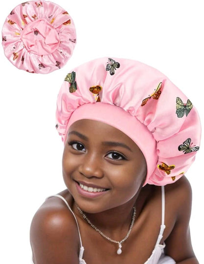 1pc Kids Bonnet Style Butterfly Print Wide Elastic Band Comfortable Daily Use Sleep Cap