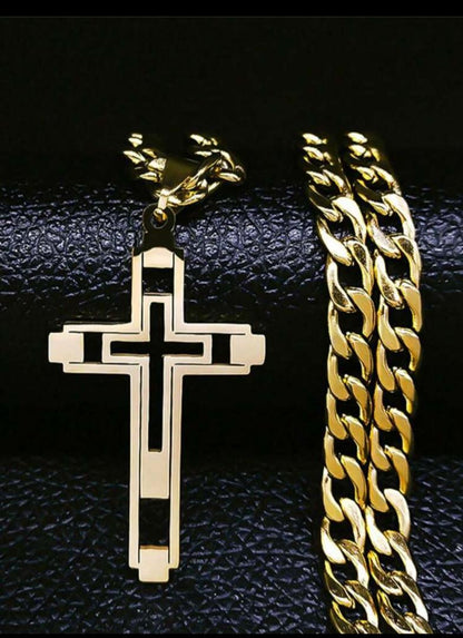 2024 Hip Hop Cross Stainless Steel Chain Necklaces Gold Color Long Pendant Necklace For Women/Men