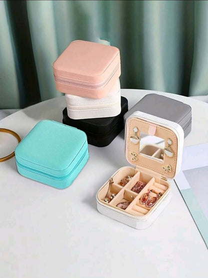 1pc Mirrored Jewelry Box, Portable Travel Zipper Jewelry Box, Simple Travel And Home Jewelry Box, Fashionable Personalized Leather Mini Jewelry Box For Earrings, Necklaces, Rings Storage, Dust-Proof Small Jewelry Storage Box, Jewelry Accessory Storage Box